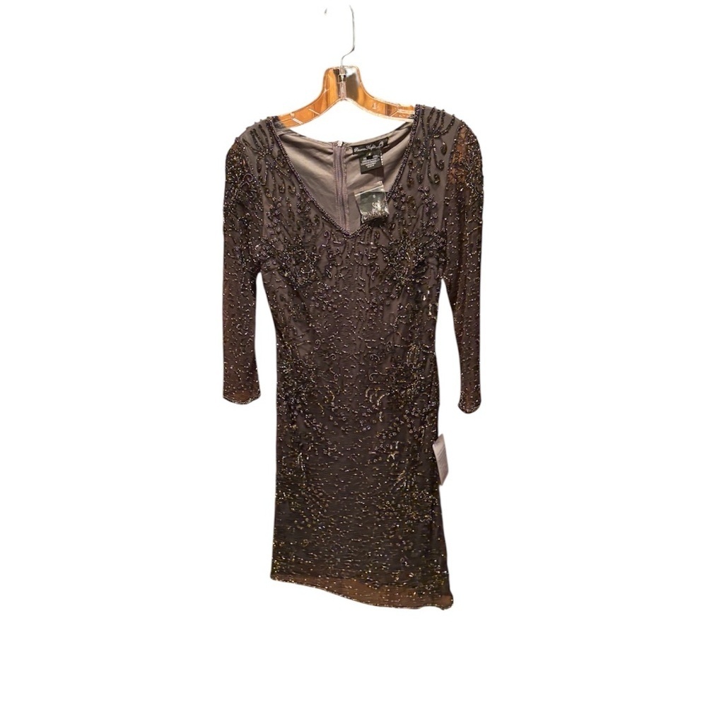Pisarro Nights Beaded V-neck Cocktail Dress in Ash Size 4 NWT